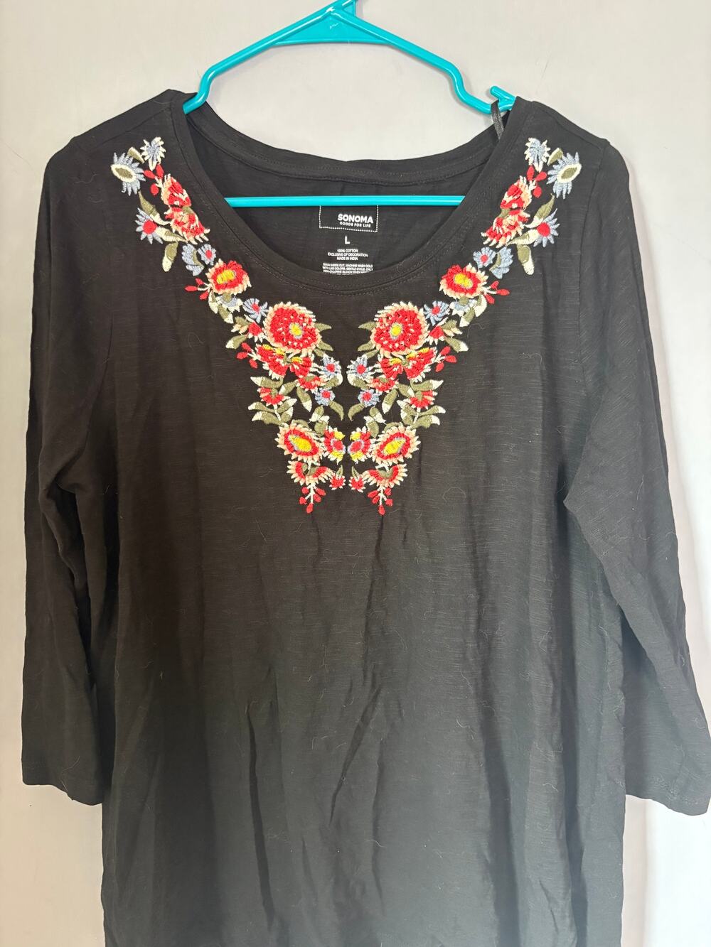 Sonoma Womens L Black Embroidered Floral Long Sleeve Cotton Top